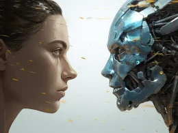 Human vs Artificial Intelligence looking into each other's eyes