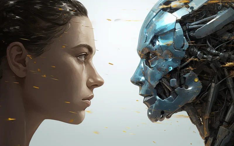 Human vs Artificial Intelligence looking into each other's eyes