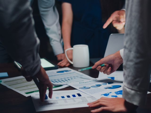 A groups of professionals discussing on business reports on a table