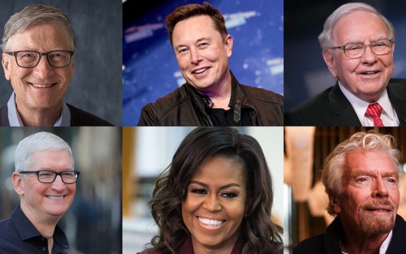 collage of faces of Bill Gates, Elon Musk, Warren Buffet, Tim Cook, Michelle Obama and Richard Branson