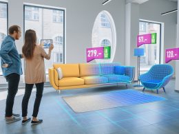 A couple uses a tablet to view AR furniture in a modern showroom. Showcasing the future of e-commerce with digital overlays and virtual previews.